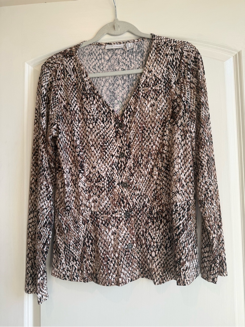 Button-Front Snake Print Long-Sleeve Top in Brown